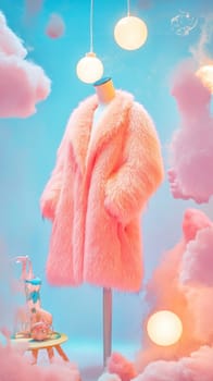 Pink fur coat on mannequin in a dreamy, surreal setting with pink clouds, glowing lights, and stylish accessories, evoking a fashionable fantasy