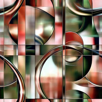 Metallic shapes overlapping and intertwining, creating a modern and abstract composition in red and green tones