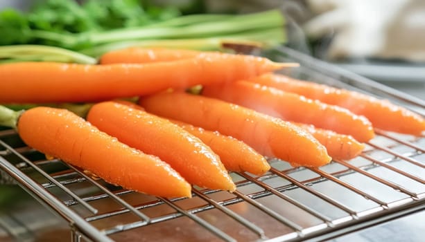 Freshly steamed carrots cooling down on a metal rack, glistening with moisture and ready to be served