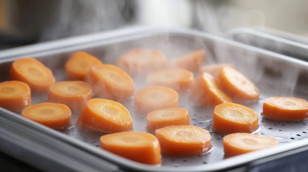 Freshly sliced carrots steaming in a modern steamer basket, promoting healthy cooking and retaining nutrients