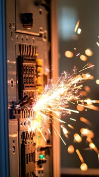 Sparks flying from an electrical panel during a short circuit, highlighting the dangers of faulty wiring and electrical hazards