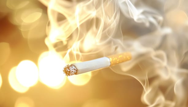 Lit cigarette is emitting smoke against a blurred golden background