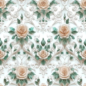 Seamless floral pattern featuring sculpted white roses and leaves on an ornate embossed background, creating a classic and luxurious design