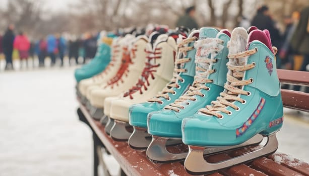 Ice skates sitting on bench with people skating in the background