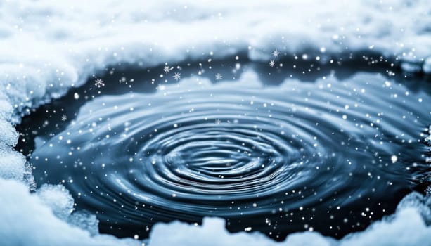 Snow falling on dark water creates concentric ripples in a winter scene surrounded by ice and snowflakes