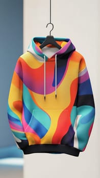 Stylish hoodie with vibrant colors and abstract design hanging on a black hanger