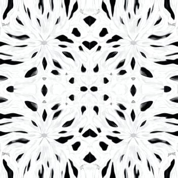 Intricate black and white floral pattern forming a captivating kaleidoscope design, ideal for backgrounds, textiles, and decorative projects