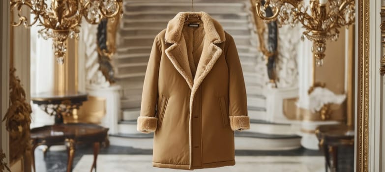 Warm sheepskin coat displayed in opulent palace setting, showcasing luxurious winter fashion