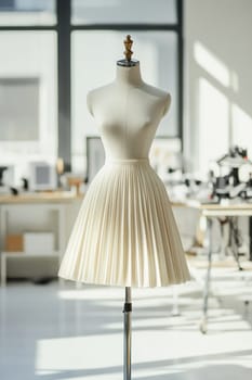 Elegant pleated skirt showcased on a mannequin in a bright, modern fashion design studio