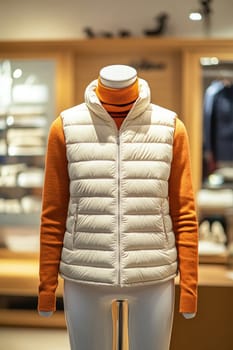 Stylish winter outfit displayed on a mannequin in a fashion retail store, showcasing current trends