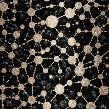 Golden network illustrating connections, data flow, and information exchange on a dark background