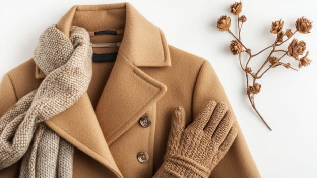 Stylish autumn or winter outfit with coat, knitted scarf and gloves lying on white background with dried flowers