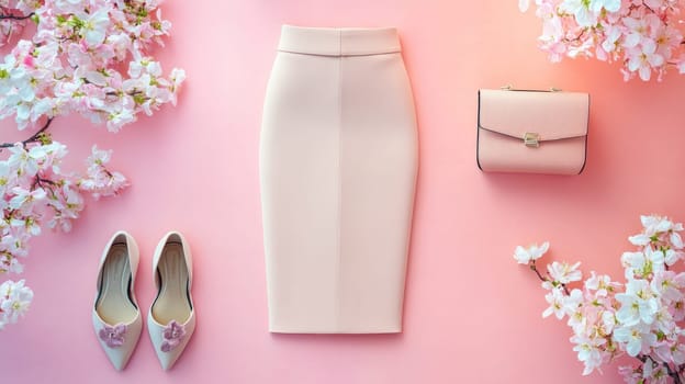 Stylish flat lay composition featuring women's fashion items and cherry blossoms, creating a spring inspired aesthetic