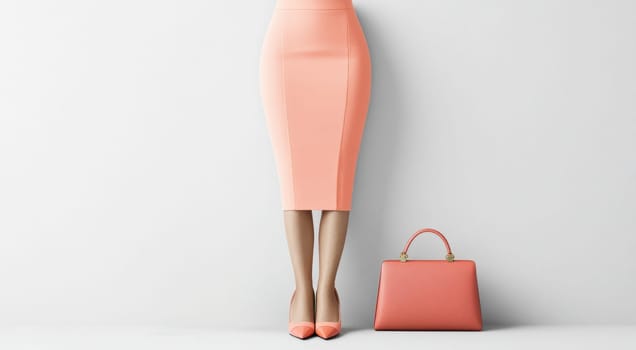 Businesswoman is standing next to her handbag, wearing living coral colored skirt and shoes, showcasing a trendy and stylish professional look