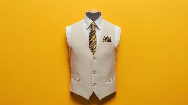 Classic menswear attire showcasing a beige waistcoat, white shirt, and yellow striped tie, displayed on a mannequin against a vibrant yellow background