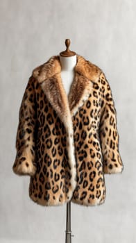 Stylish leopard print fur coat on a mannequin, highlighting luxurious winter fashion
