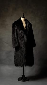 Luxurious black fur coat on a mannequin, showcasing its style and texture against a dark backdrop