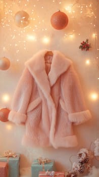Luxurious pink fur coat displayed on a wall adorned with christmas lights, creating a festive and stylish atmosphere