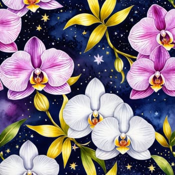 Stunning orchids in vibrant pink and white hues with lush green leaves and deep blue background, creating elegant floral composition perfect for nature-themed designs and decor projects