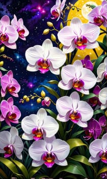 Stunning orchids in vibrant pink and white hues with lush green leaves and deep blue background, creating elegant floral composition perfect for nature-themed designs and decor projects