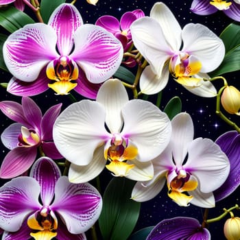 Stunning orchids in vibrant pink and white hues with lush green leaves and deep blue background, creating elegant floral composition perfect for nature-themed designs and decor projects