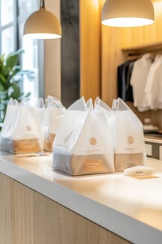 Reusable shopping bags are displayed on a retail countertop in a clothing store, promoting sustainable practices