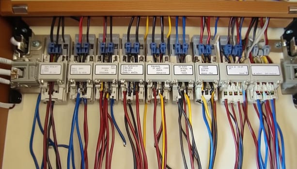 Close up of an electrical panel displaying various colorful wires and connectors attached to electronic devices