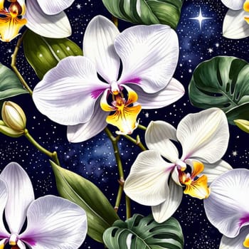 Exquisite pink and white orchids with delicate petals and rich green foliage, set against dark blue backdrop, offering perfect blend of elegance and natural beauty for floral art enthusiasts