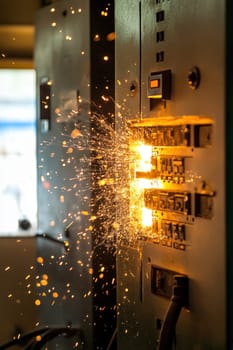 Server rack electrical cabinet panel exploding, creating sparks and fire hazard in server room, causing system damage