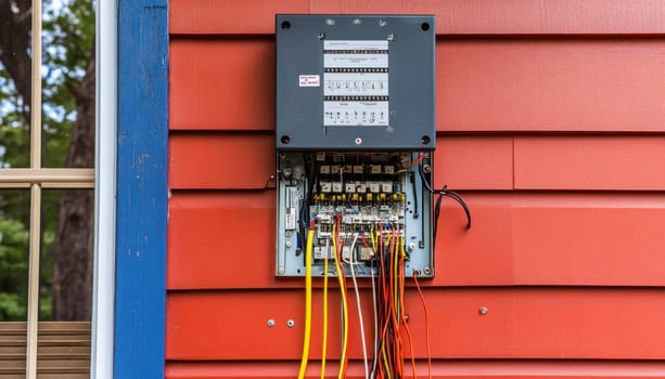 Open electrical panel exposing colorful wires hanging against red siding of building
