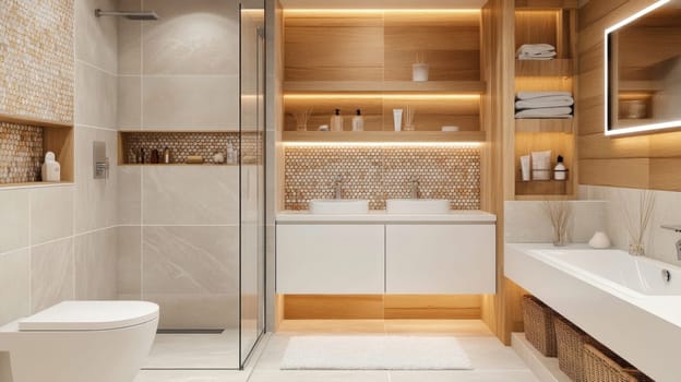Luxurious bathroom showcasing contemporary design with natural wood elements, mosaic tiles, and ambient lighting, creating a relaxing atmosphere