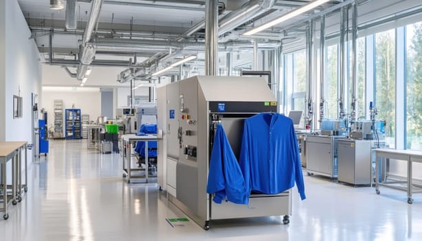 Blue protective clothing hanging in modern pharmaceutical factory cleanroom, ensuring sterility and hygiene in medicine production