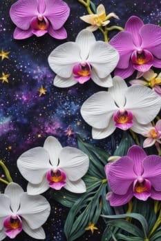 Exquisite pink and white orchids with delicate petals and rich green foliage, set against dark blue backdrop, offering perfect blend of elegance and natural beauty for floral art enthusiasts