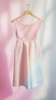 Sleeveless pastel pink and blue dress hanging on a wooden clothes hanger against a colorful background