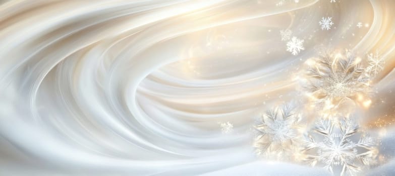 Golden christmas background with swirling snow and sparkling snowflakes