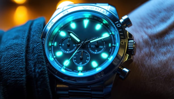 Stylish wristwatch glowing in the dark, showcasing its luminescent markers and hands
