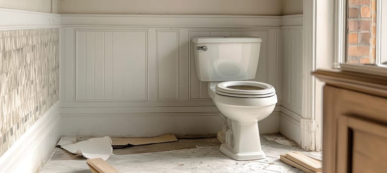 White ceramic toilet in a bathroom during renovation works, featuring messy floor and incomplete wall tiling