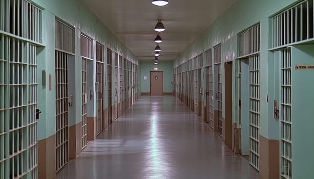 Long corridor inside prison showing jail cells and exit door