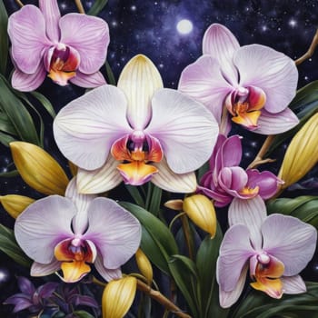 Beautifully detailed orchids in pink and white shades with vivid green leaves, presented on deep blue canvas, ideal for floral-themed designs and creative projects seeking elegance.