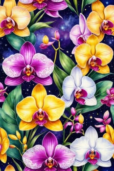 Captivating image of pink and white orchids with lush green leaves, set against rich blue background, perfect for adding touch of elegance and natures beauty to any creative project