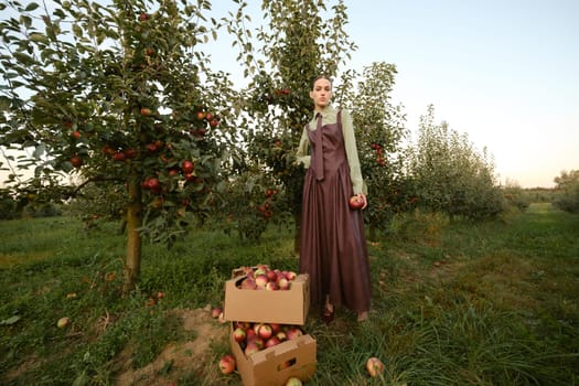 Portrait of a beautiful girl, stylishly dressed, with apples in the garden. A girl stands near the collected red apples in the garden.