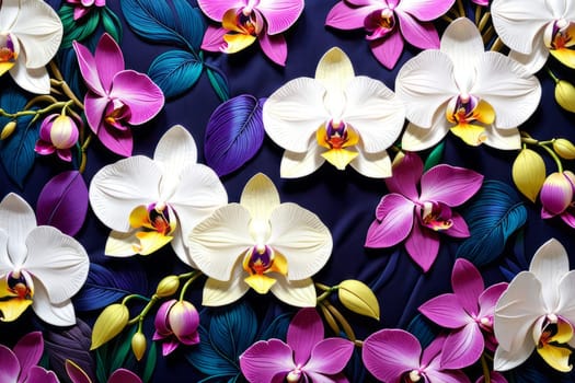 Captivating image of pink and white orchids with lush green leaves, set against rich blue background, perfect for adding touch of elegance and natures beauty to any creative project