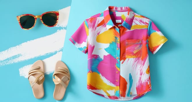 Stylish summer outfit featuring a colorful shirt, sunglasses, and sandals, perfect for a beach vacation