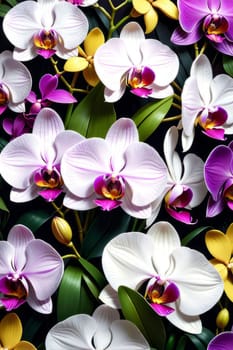 Captivating image of pink and white orchids with lush green leaves, set against rich blue background, perfect for adding touch of elegance and natures beauty to any creative project
