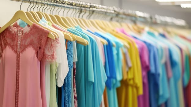 Variety of colorful garments hanging on wooden hangers showing the latest fashion trends in a clothing store