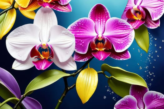 Gorgeous pink and white orchids with intricate petals and vibrant green leaves, on dark blue background, offering stunning visual appeal for nature-inspired designs and floral art