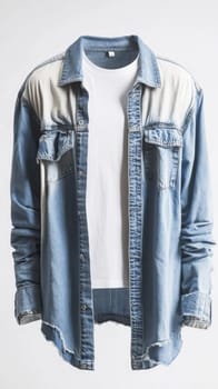 Studio shot of a light blue denim shirt with frayed edges, worn open over a white t shirt, creating a casual and stylish look