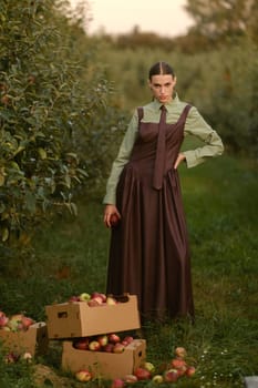 Portrait of a beautiful girl, stylishly dressed, with apples in the garden. A girl stands near the collected red apples in the garden.