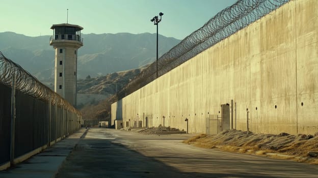 Concrete wall with barbed wire surrounding penitentiary with watchtower, representing concepts of security, imprisonment, and confinement