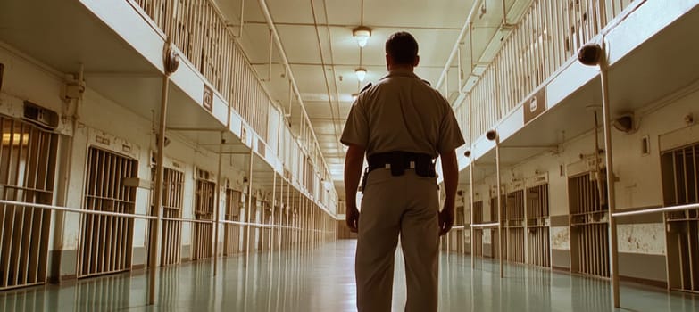 Correctional officer patrolling jail hallway ensuring safety and order